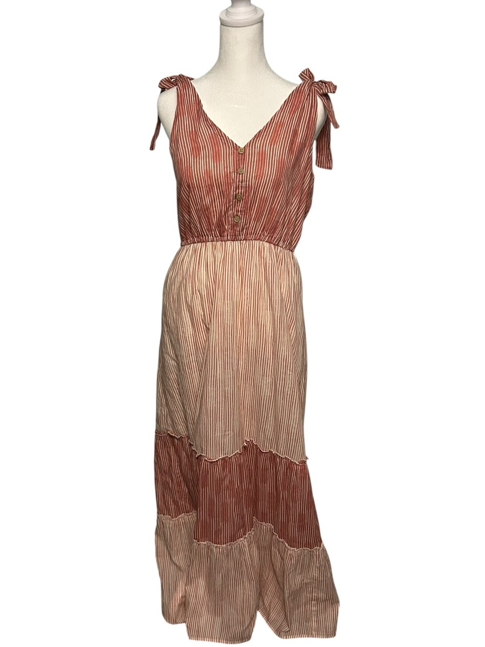True Craft Striped Tie Shoulder Maxi Dress Size Large Boho Cotton Tiered Dress